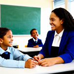A diverse group of cheerful school-aged children, fully clothed in modest school attire, are seated at desks in a modern, brightly lit classroom, actively engaged in an inclusive learning activity. A female teacher, fully clothed in professional, appropriate attire, stands by, guiding them with a gentle smile. Adaptive technology like tablets and interactive screens are visible, integrated seamlessly into the learning environment, alongside colorful educational posters. The atmosphere is collaborative and supportive.
    safe for work, appropriate content, fully clothed, professional, family-friendly, perfect anatomy, correct proportions, natural poses, well-formed hands, proper finger count, natural body proportions, professional photography, high resolution, sharp focus, vibrant colors, natural lighting.