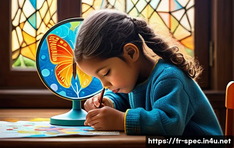 특수교육과 감정 조절 교육 - **A child's unique world perspective:** A vibrant, painterly scene depicting a young child (around 8...