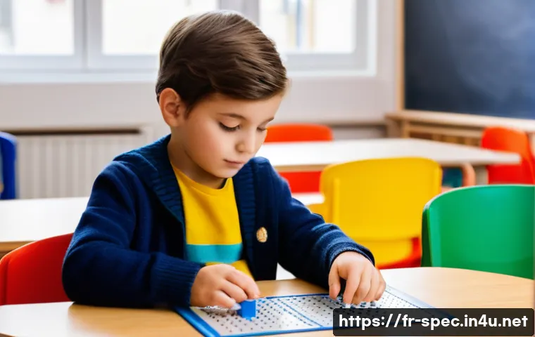 특수교육과 일반교육 차이 - A warm, photorealistic scene inside a small French primary school classroom showing inclusive practi...