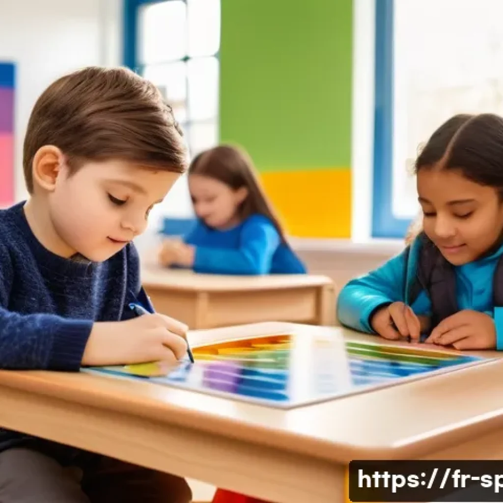 특수교육과 특수교육 전문 기관 - A warm and bright classroom scene in a French specialized educational center, featuring a diverse gr...
