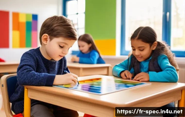 특수교육과 특수교육 전문 기관 - A warm and bright classroom scene in a French specialized educational center, featuring a diverse gr...