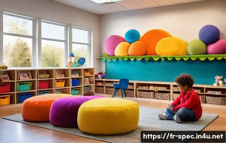 특수교육과 창의적 교수법 - A warmly lit classroom designed for children with special educational needs, featuring a cozy sensor...