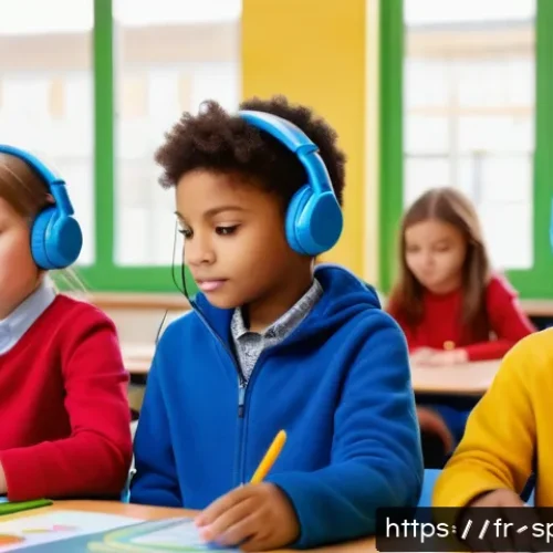 특수교육과 멀티모달 학습 - A bright and inviting inclusive classroom setting in a French primary school, featuring children wit...