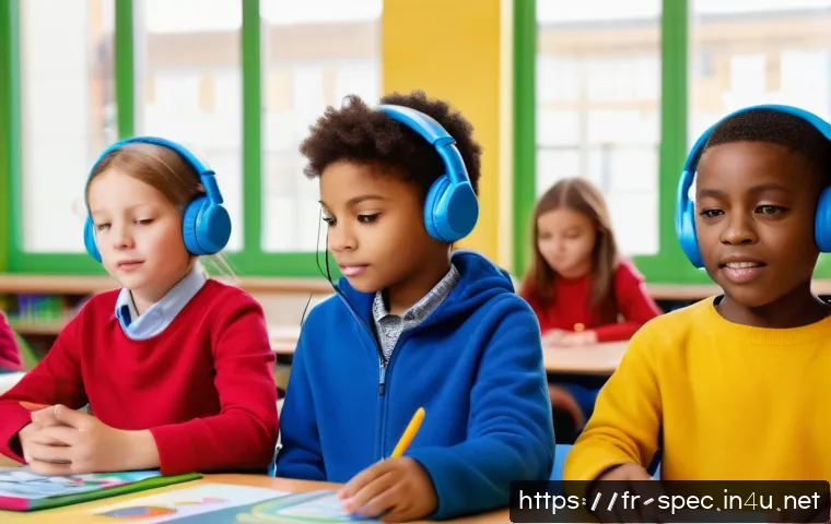 특수교육과 멀티모달 학습 - A bright and inviting inclusive classroom setting in a French primary school, featuring children wit...