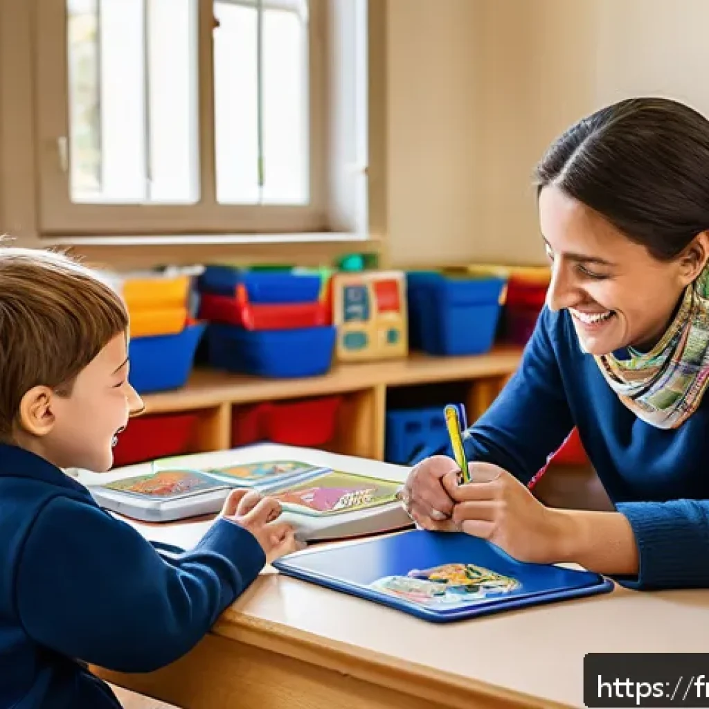 특수교육과 특수교육 보조금 - A warm and inviting classroom scene in a French primary school, showing a young child with special e...