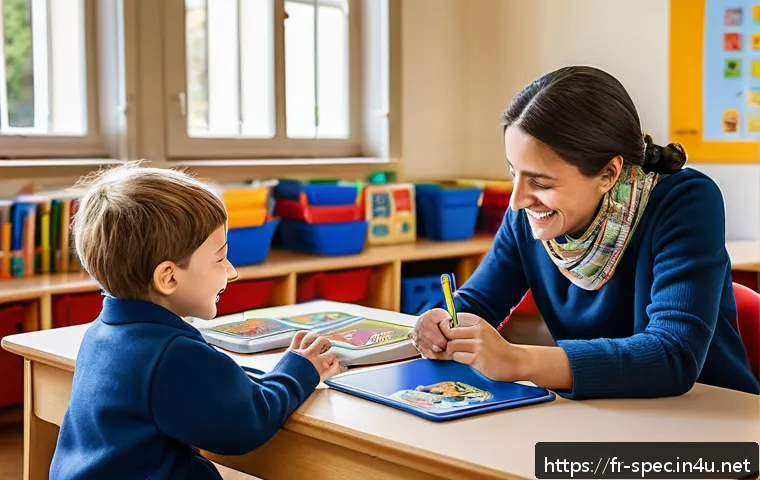 특수교육과 특수교육 보조금 - A warm and inviting classroom scene in a French primary school, showing a young child with special e...