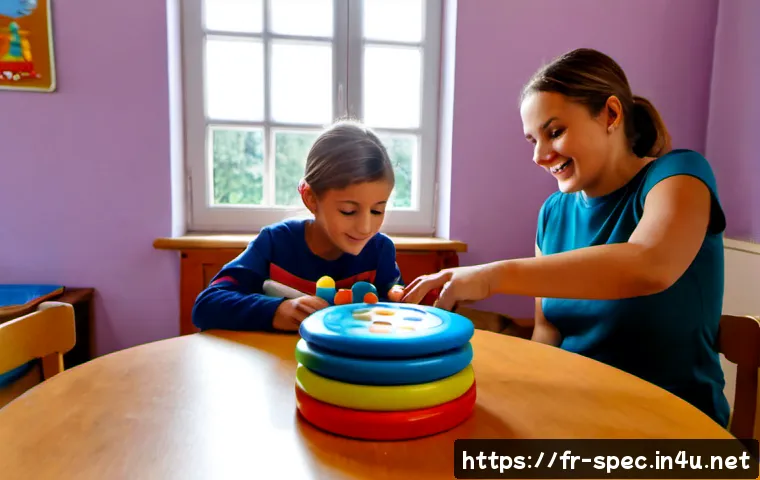 특수교육과 놀이 치료 - Photorealistic inclusive special education classroom in France, a caring educator guiding a young ch...