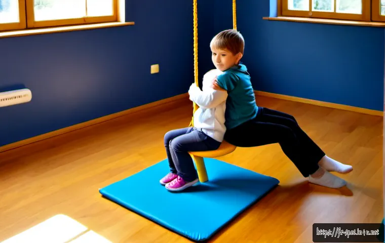 특수교육과 감각 통합 치료 - Photorealistic inclusive special education classroom in France, a calm occupational therapist guidin...