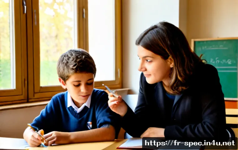 특수교육과 중등교육 - Photorealistic inclusive French secondary school classroom, a supportive special education teacher g...