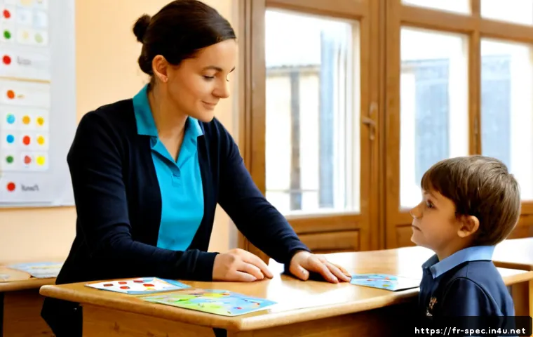정서행동 장애 교육 - Photorealistic inclusive primary school classroom in France, a calm female special education teacher...